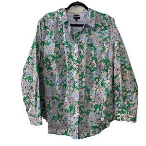 Talbots Womens 22W Shirt Button Up Long Sleeve Floral Blue Pastel Non Iron